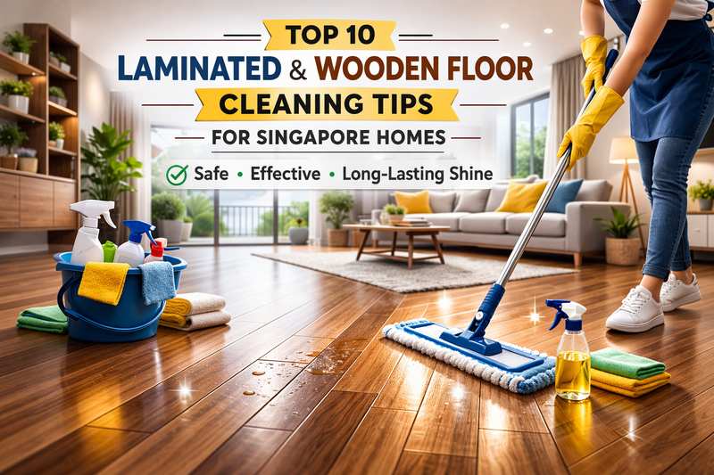 Laminated and wooden floor cleaning in modern Singapore home with microfiber mop and cleaning supplies