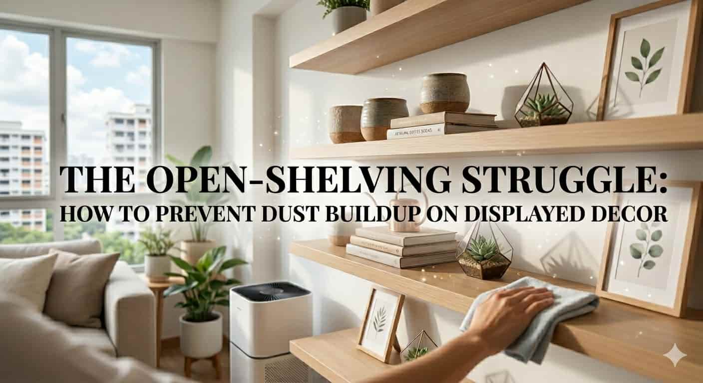 Modern Singapore home with open wooden shelves being cleaned to prevent dust buildup on displayed decor.