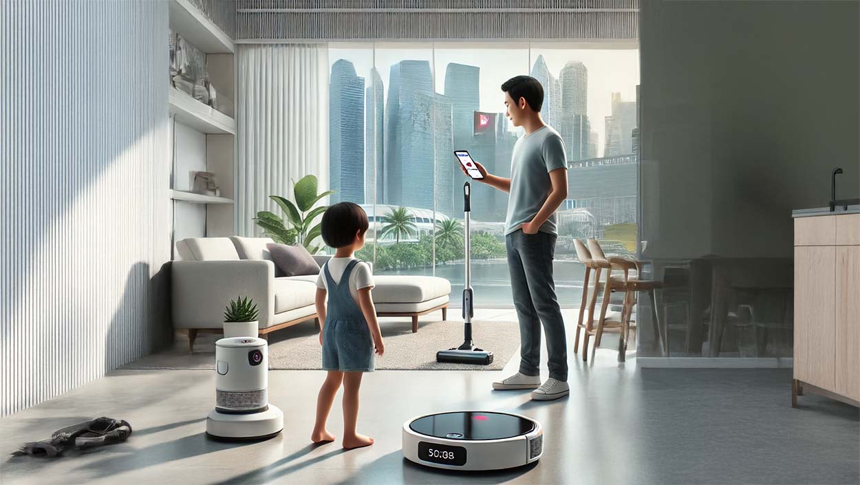 Father and child with AI-powered cleaning robots and smart vacuum in modern Singapore home — showcasing the role of artificial intelligence in smart cleaning gadgets