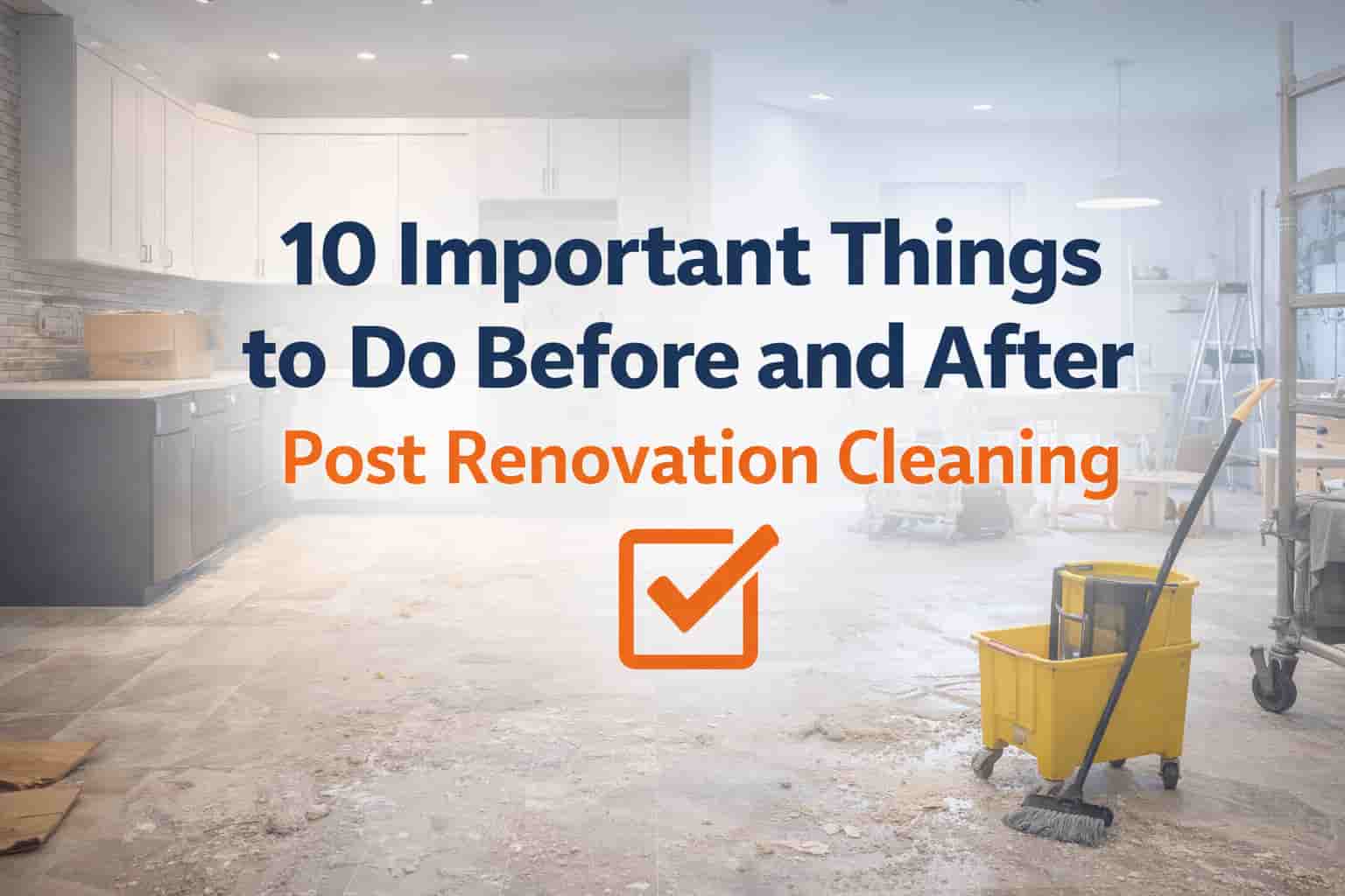 Post renovation cleaning checklist showing dusty home and cleaning tools before moving in