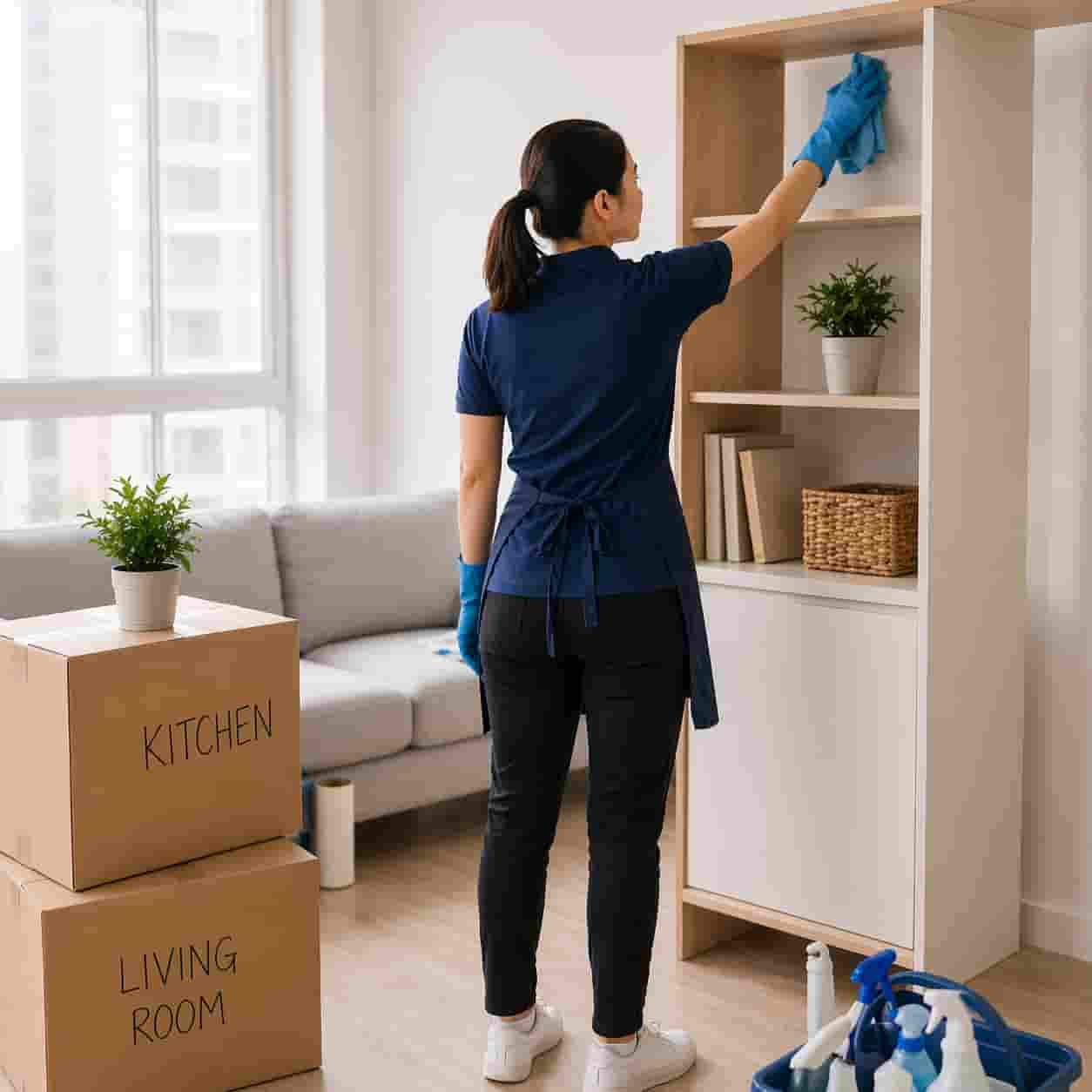 Professional cleaner wiping shelves in an empty apartment during move out cleaning service