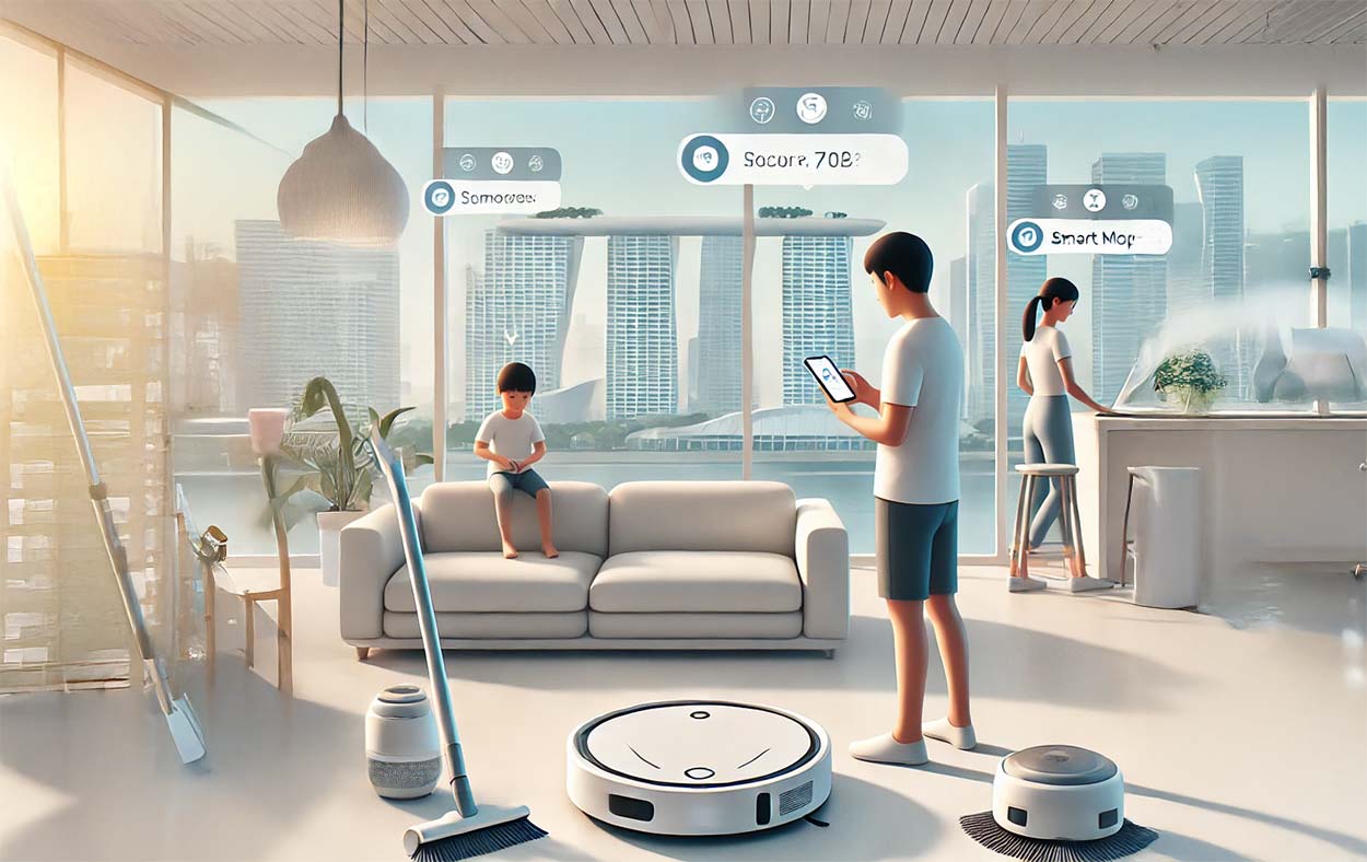 Smart home with family using AI-powered cleaning robots and smart mops — futuristic cleaning technology in a modern Singapore apartment