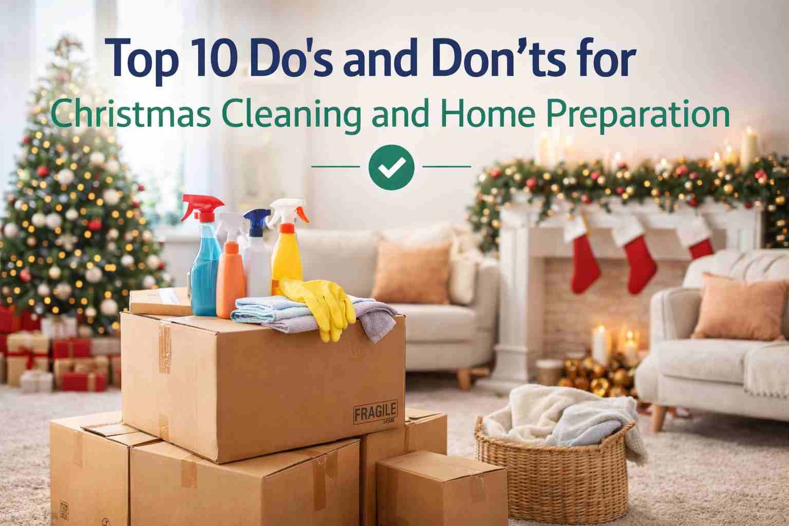 Christmas cleaning supplies and decorations prepared in a clean living room